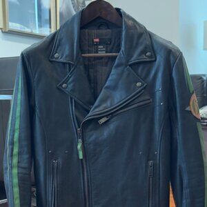 Diesel “63” Leather Motorcycle Jacket – Green Racing Stripes, Size M
